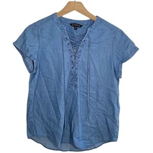 Express | Chambray Denim Blue Lace-Up Short Cuffed Sleeve Shirt Size Small